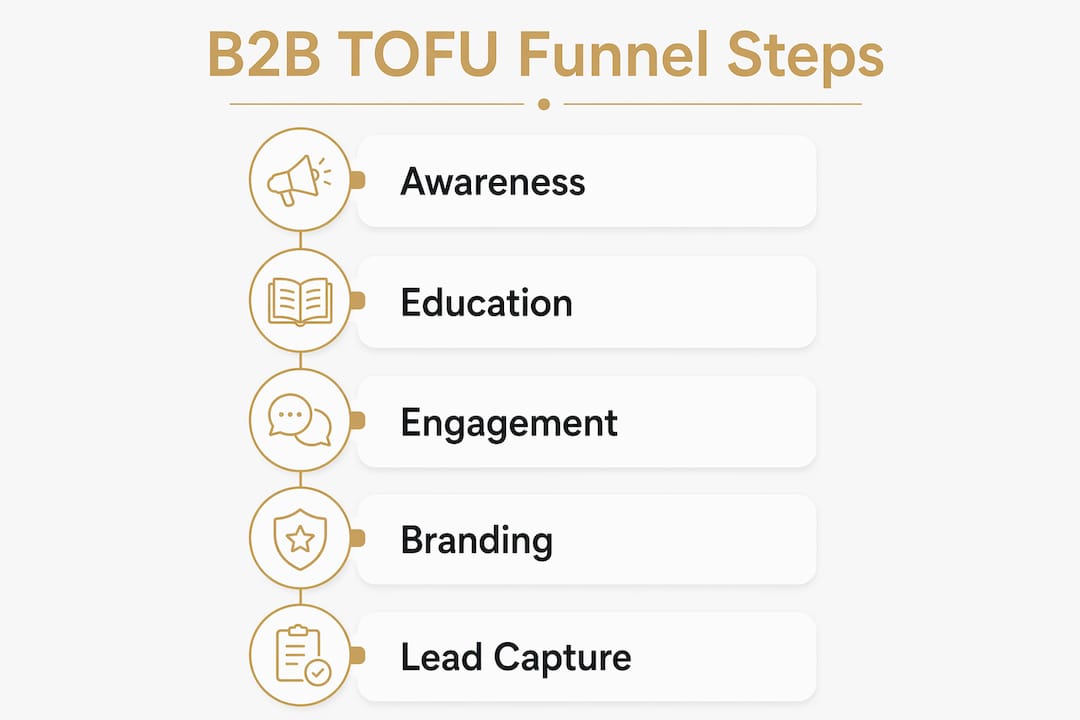 Vertical flow infographic showing B2B TOFU marketing funnel steps