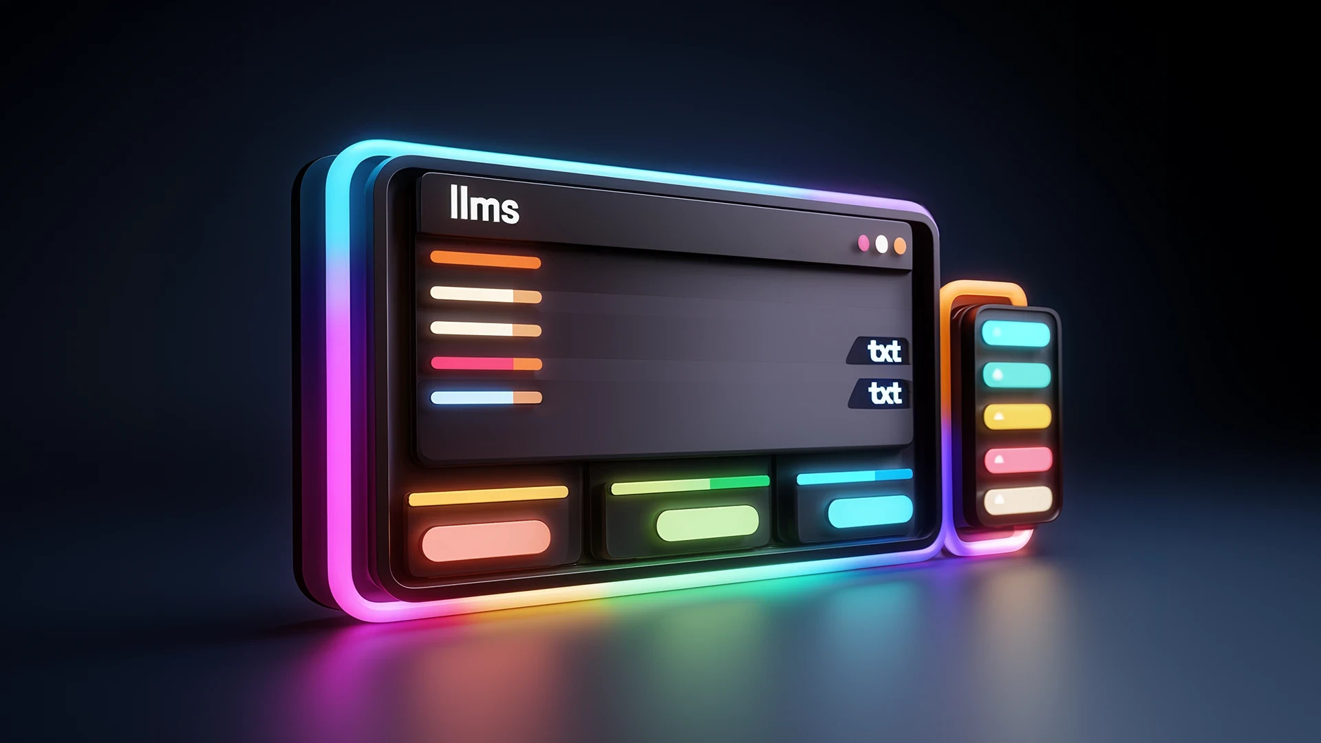 Futurystyczna ilustracja panelu „llms” z kolorowymi liniami danych i elementami „txt”, symbolizująca uporządkowany plik tekstowy wykorzystywany do komunikacji strony internetowej z systemami AI.