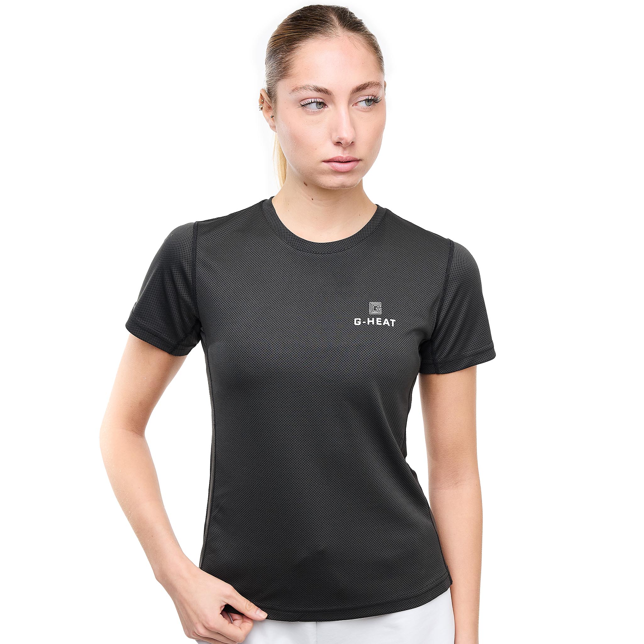 Women's black G-Heat cooling T-shirt, front view, fitted cut, white background