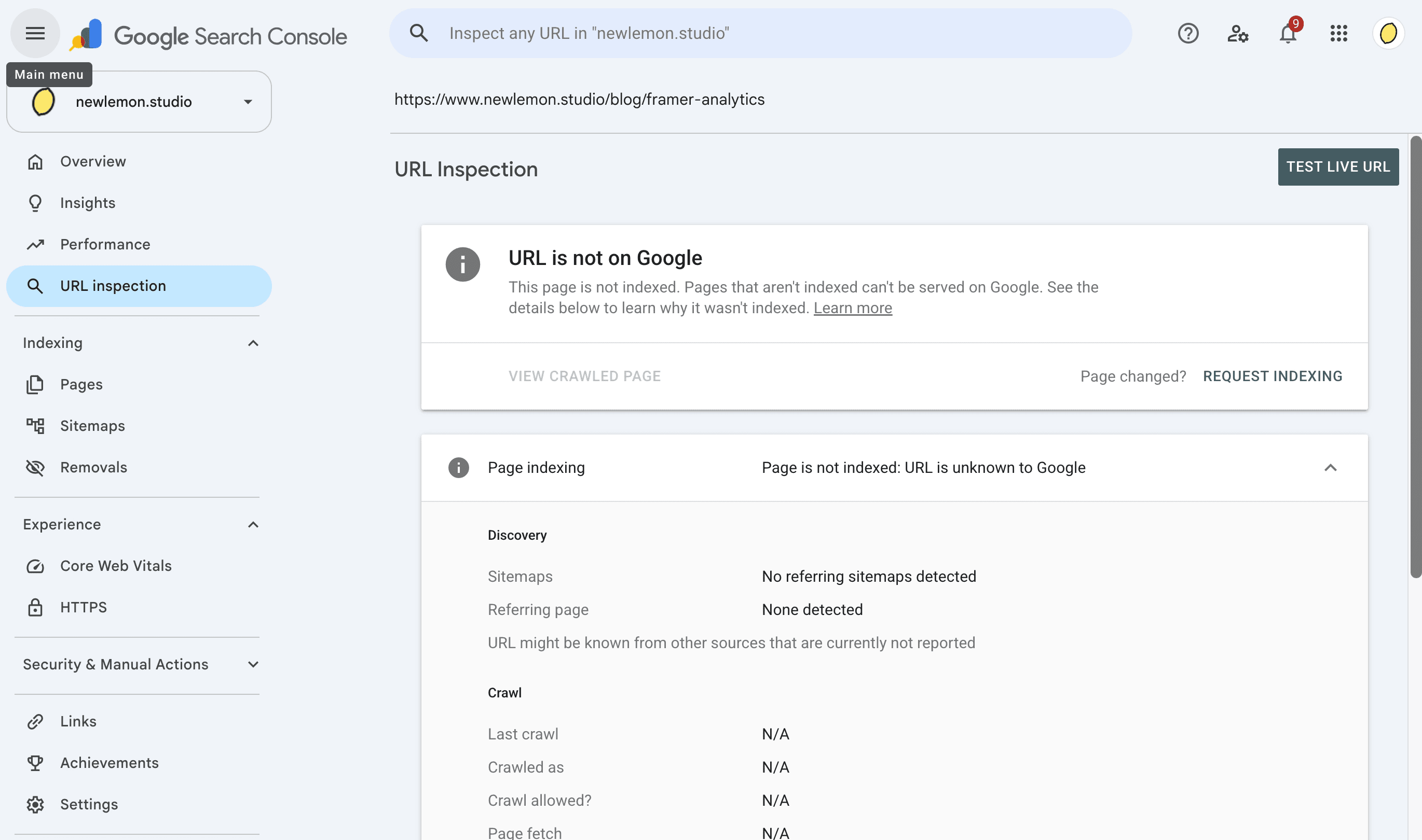 Screenshot of Google Search Console inspecting the URL as slug changes