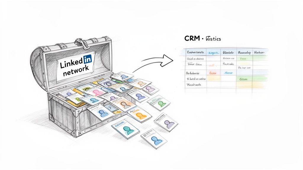 Illustration showing LinkedIn network contacts spilling from a treasure chest into a CRM system table.