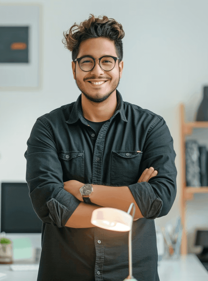 Smiling young man with glasses and crossed arms standing in a modern office