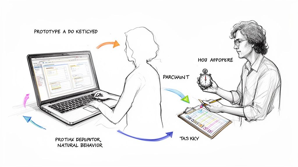 An illustration of a user interacting with a laptop prototype, while an observer records data and times tasks.