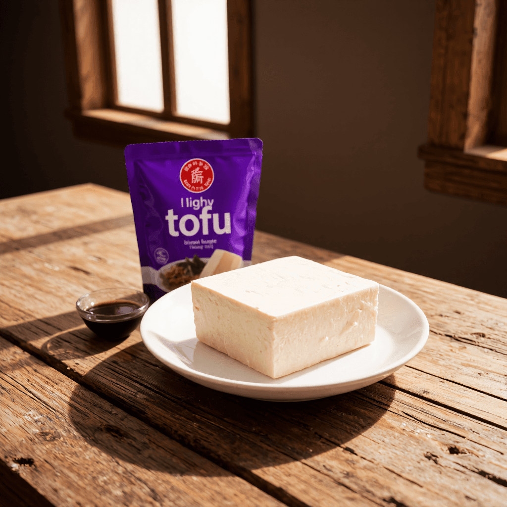 product photography of a package of tofu, used for cooking and as a protein source, featuring a block of tofu on a plate