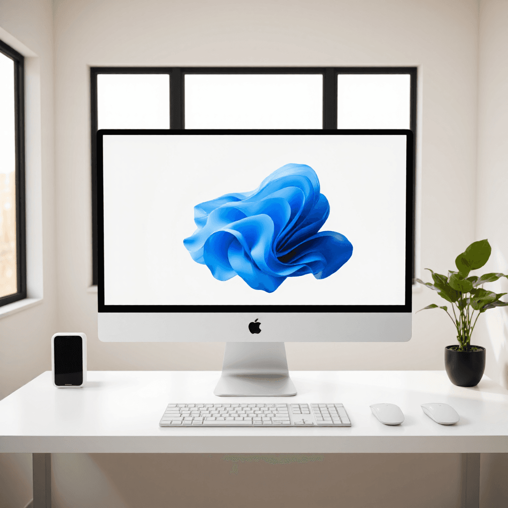 product photography of all-in-one desktop computer with keyboard and mouse