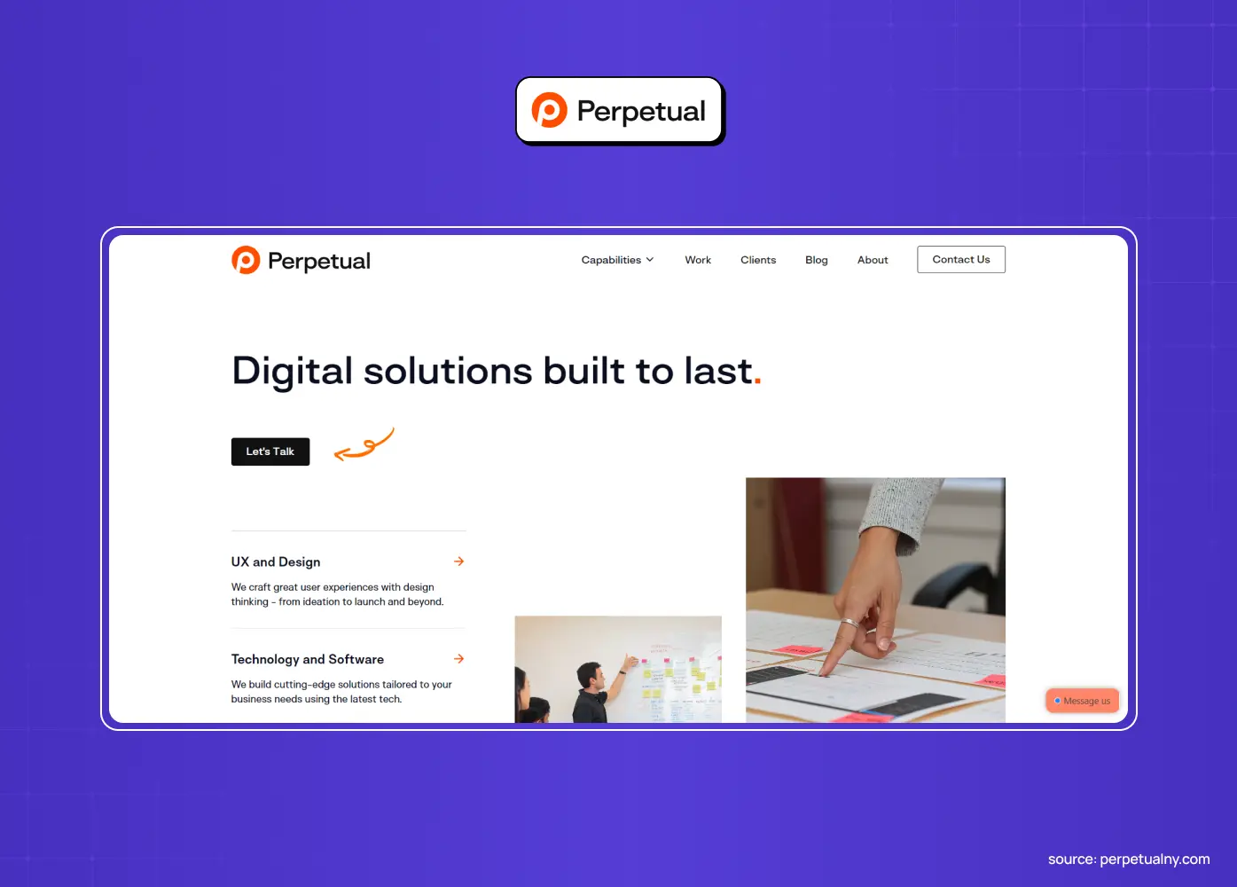 Perpetual digital agency website featuring the headline “Digital solutions built to last” alongside UX, technology, and product design imagery.