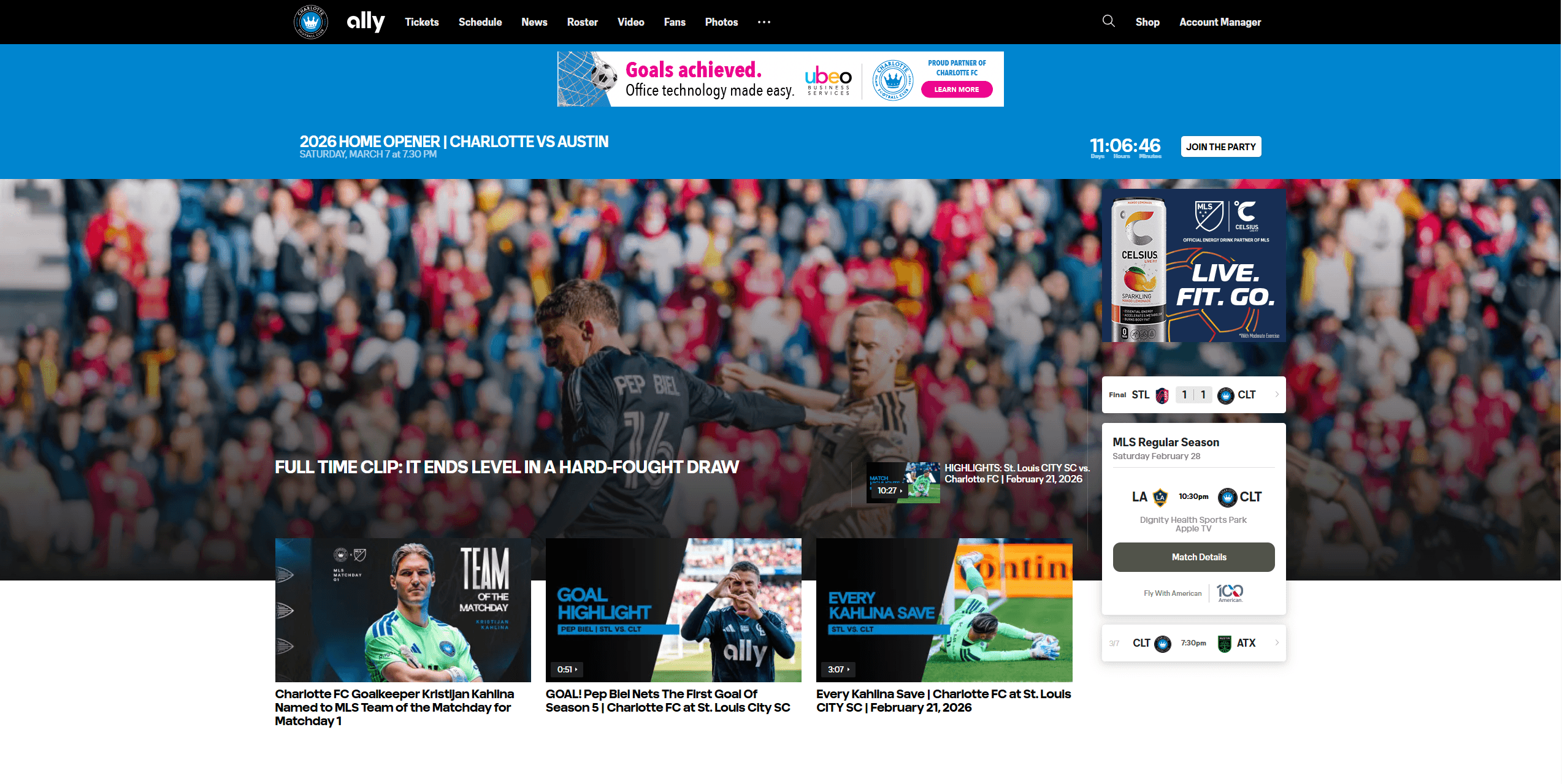 Homepage of Charlotte FC showcasing UX