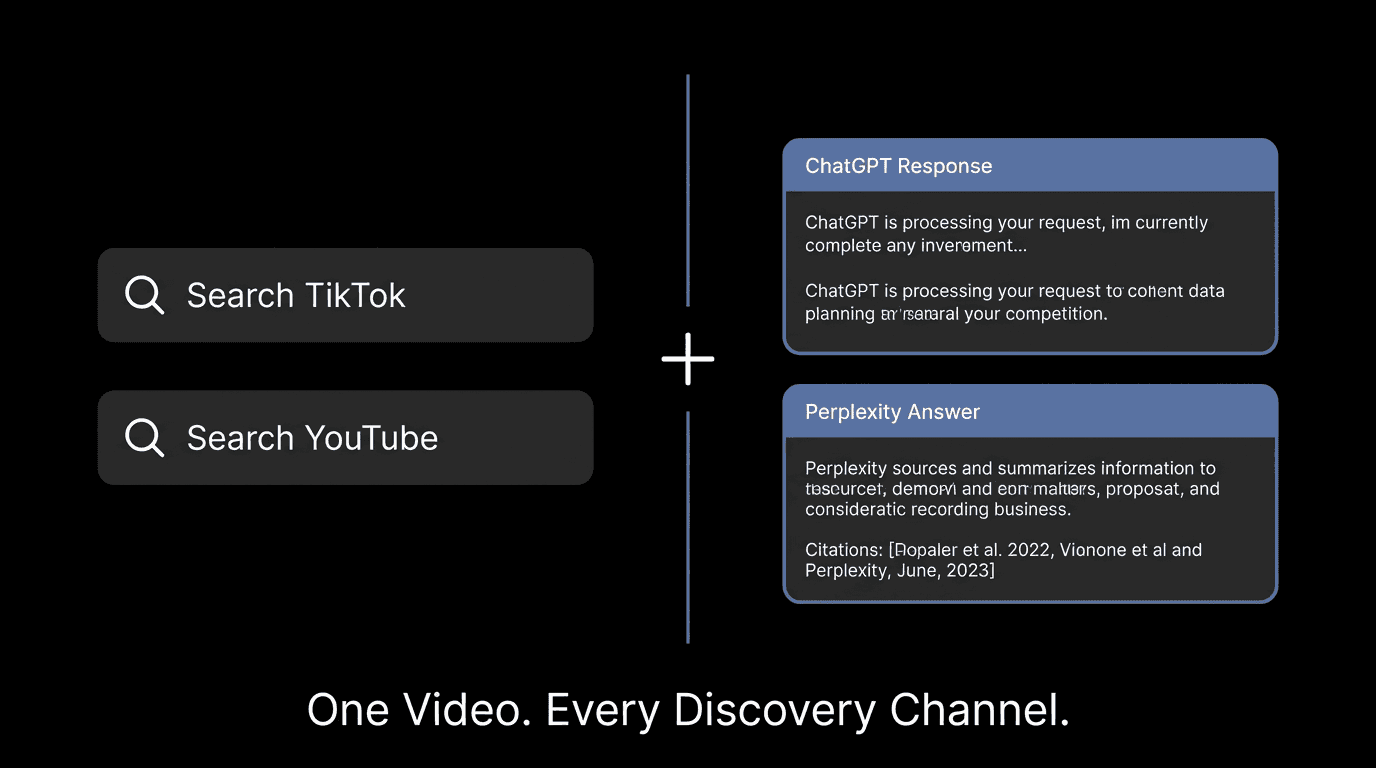 Modern, minimal illustration on dark background showing a hotel building icon connected to multiple search interface elements (search bar, AI chat bubble, map pin, star rating). Use muted blue accent color against black. Clean lines, flat design, no text in image. Professional hospitality technology aesthetic.