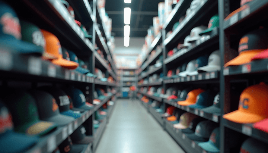 Eye-level view of a retail store aisle featuring a wide selection of sports hats and caps
