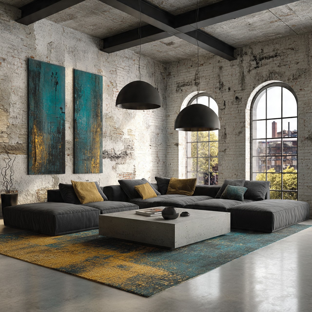 Spacious industrial-style living room with large gray sectional sofa, two teal abstract paintings, concrete coffee table, and arched windows, exuding modern elegance.