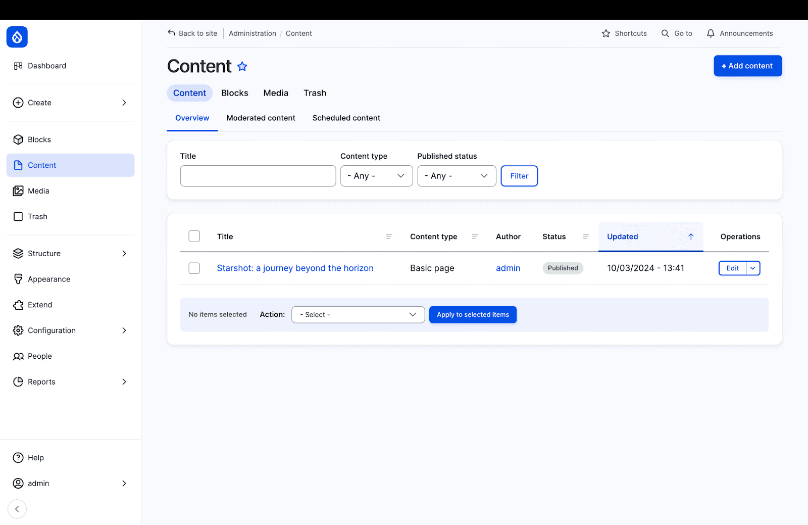 Drupal CMS content panel