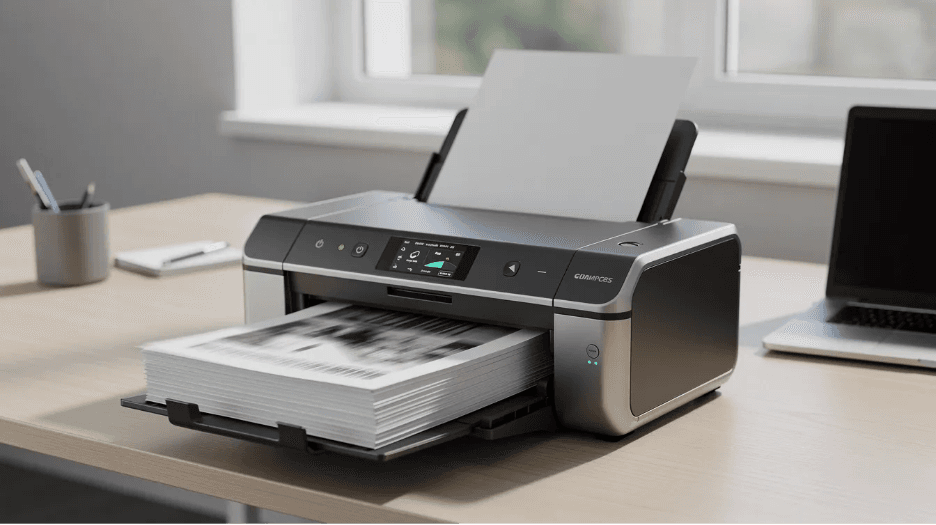 The image shows a high-speed document scanner on an office desk, actively processing a stack of paper invoices. This setup highlights the use of automated invoice processing technology, which reduces manual data entry and enhances efficiency in accounts payable workflows.