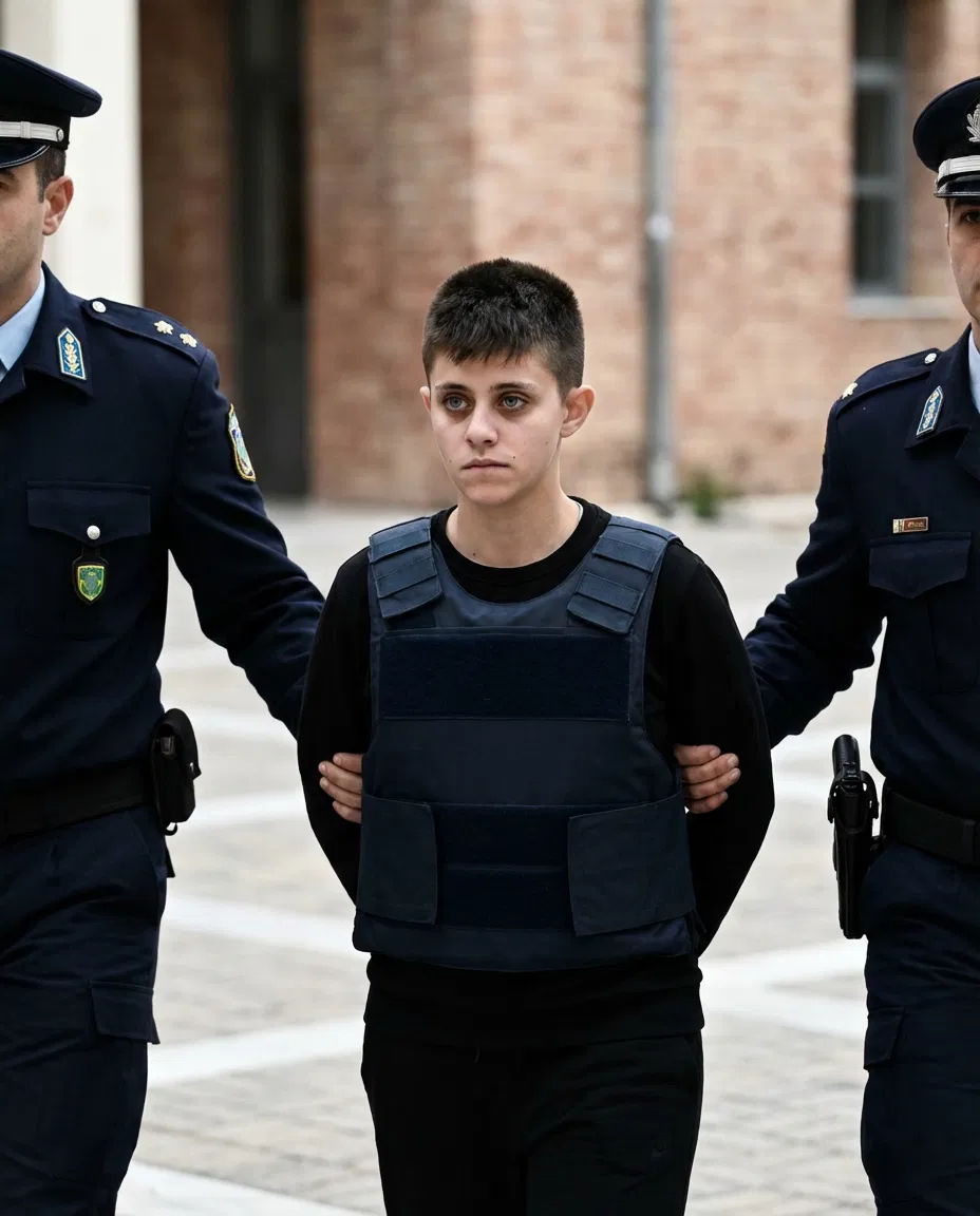 Eirini Mourtzoukou being held by two police officers