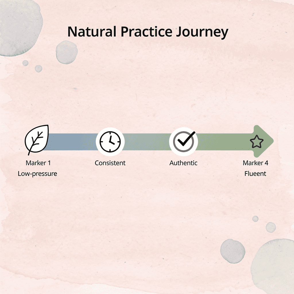 Progression showing natural practice journey from low-pressure to fluent
