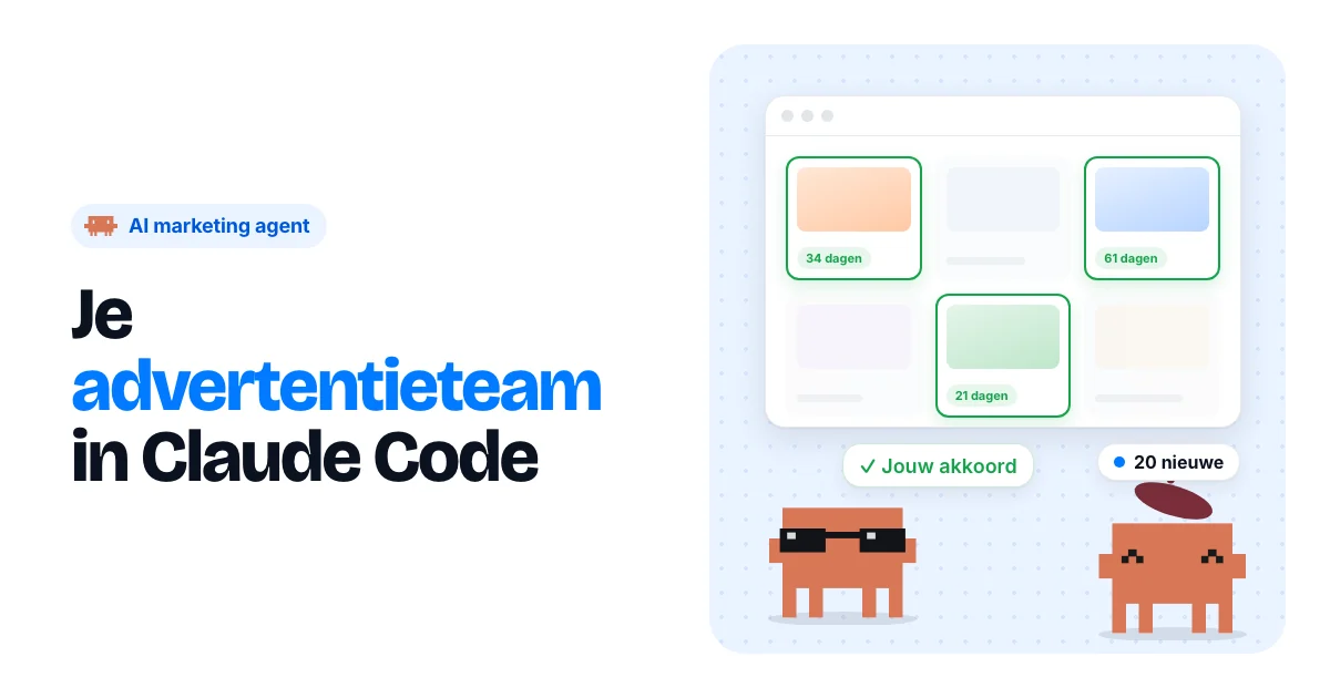 Kop Je advertentieteam in Claude Code met een raster van zes advertenties waarvan drie groen omlijnd met 21, 34 en 61 dagen actief, een oranje pixelkrab met zonnebril, een krab met baret en de chips Jouw akkoord en 20 nieuwe