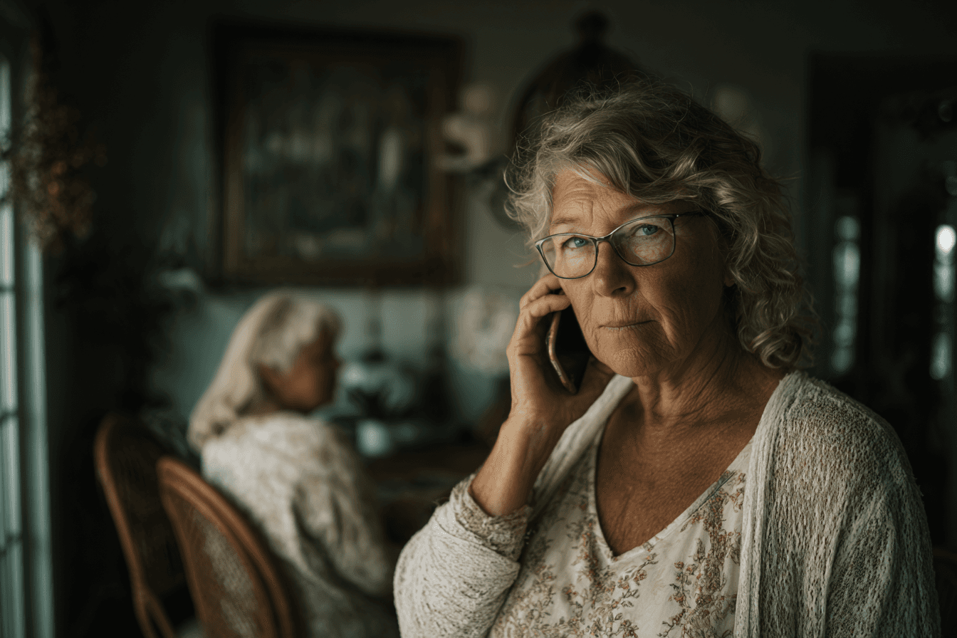 a client on the phone with the home care agency providing care to her mother, featured in the background sitting in a chair