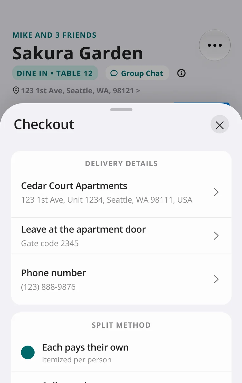 Top of the V1 checkout sheet: a Dine in, Table 12 header above delivery details and the split method block, all in one modal.