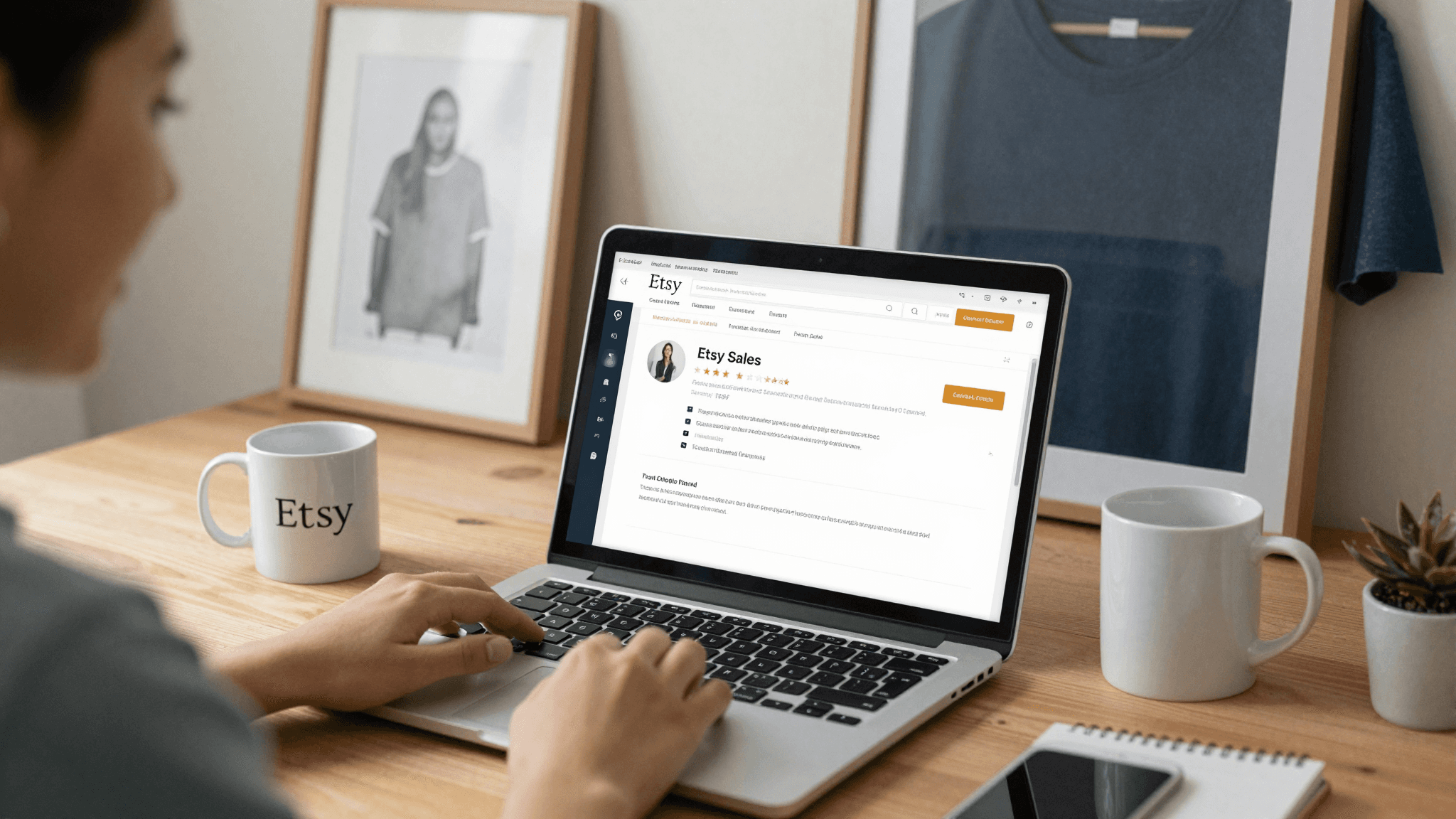 Woman making money online from home with Etsy print on demand shop