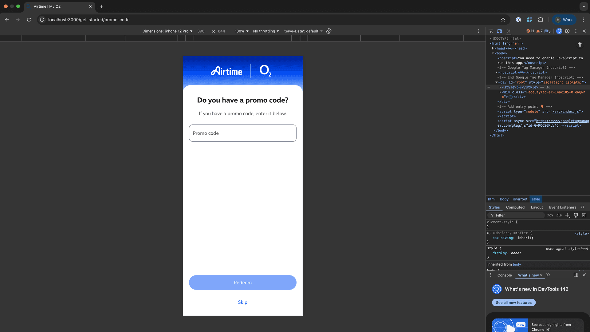 Mobile promo code page in a browser with a promo code field, redeem button, and skip option.