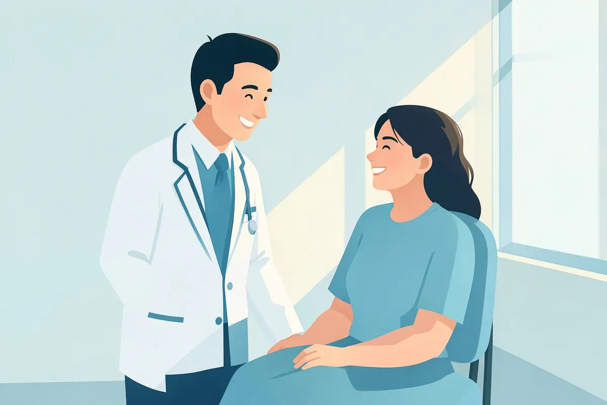 A doctor and patient smiling after a successful consultation.