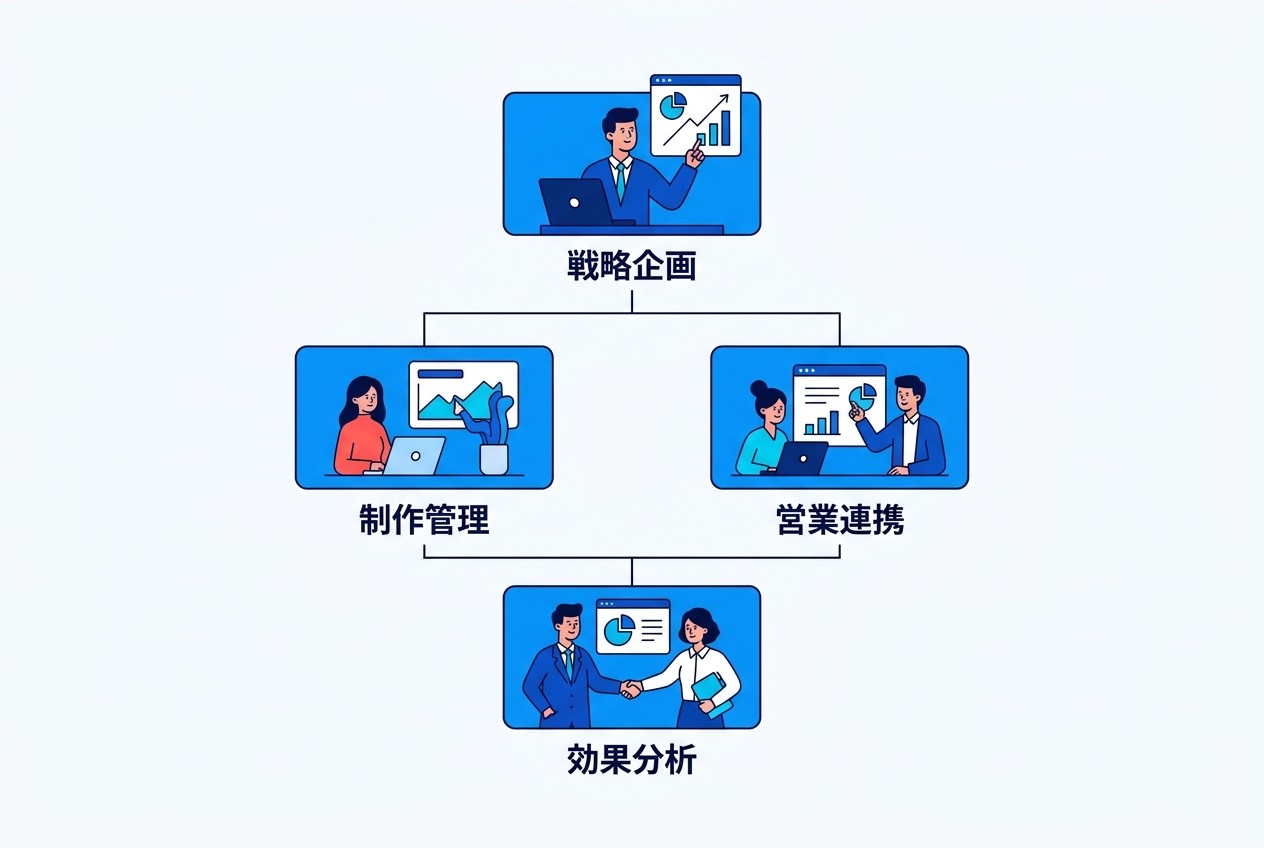 効果的なコンテンツマーケティング体制では、戦略企画（1名）を頂点に、制作管理・営業連携（各1〜2名）、効果分析（1名）の4つの役割を明確に分担する。月1回の定例会議で方針調整を行う企業が多い。