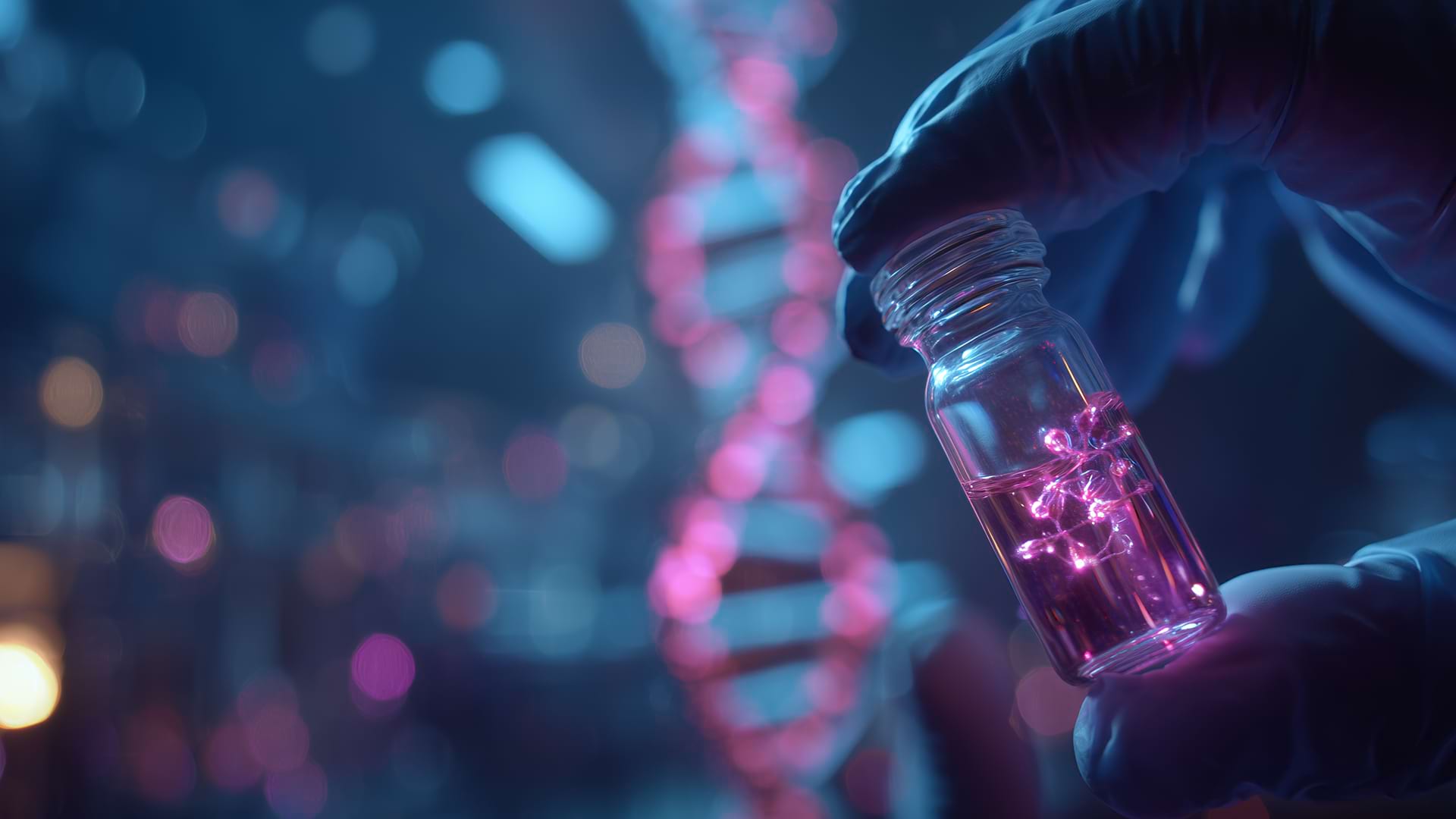 A gloved hand holds a vial with glowing pink DNA strands, set against a blurred background featuring a large, illuminated DNA double helix. The scene conveys a futuristic, scientific mood.