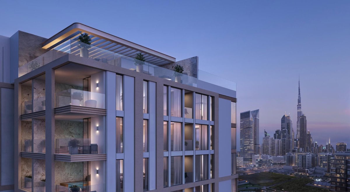 Panoramic view from The Elysian Residence rooftop, highlighting urban scenery and distant landmarks.