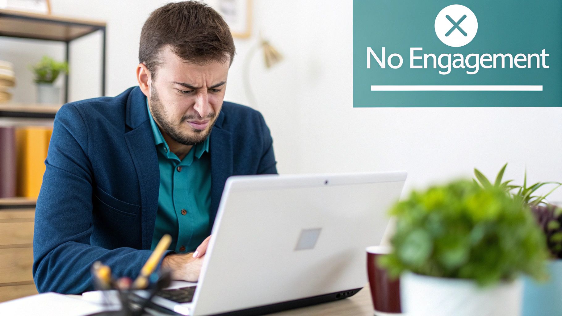 A distressed man grimaces at his laptop screen, with a banner saying 'No Engagement' above him.