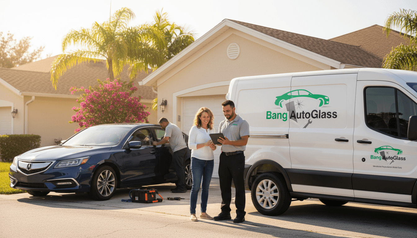 Florida mobile auto glass service installing a new windshield at a residential driveway