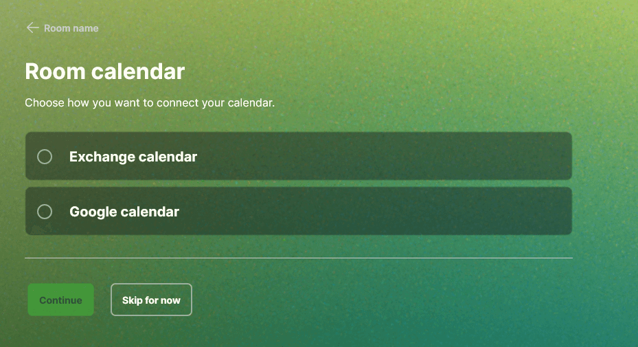 The onboarding step that gets the IT admin to choose to connect either an Exchange or Google calendar