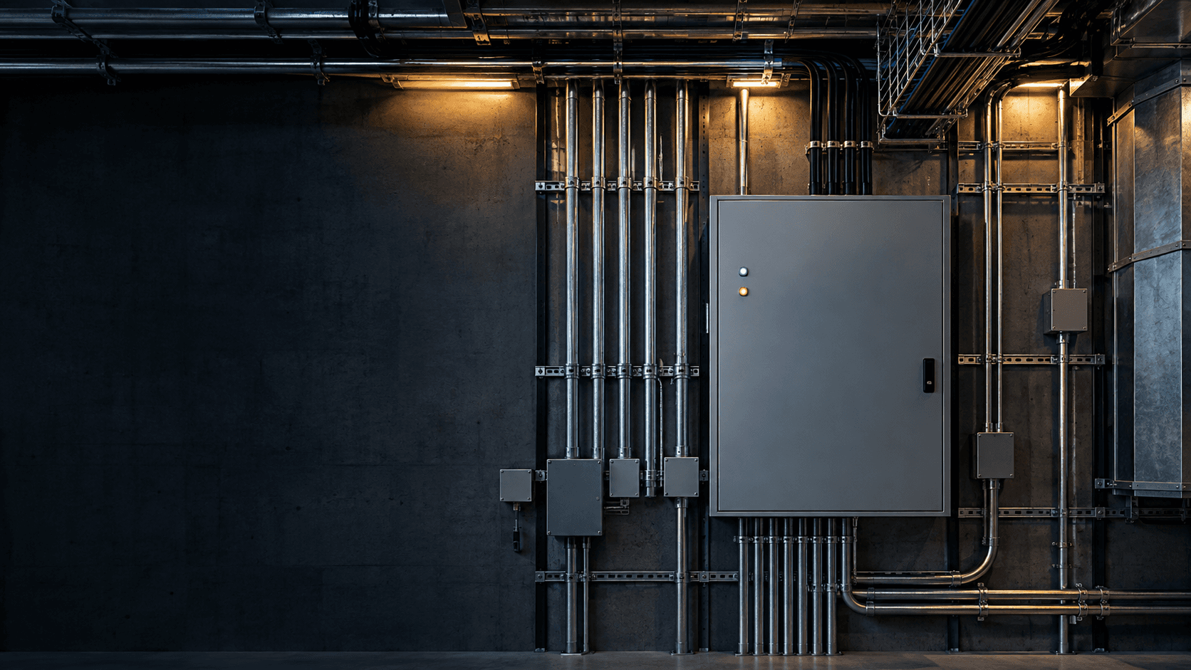 Gray controls enclosure mounted on a wall with conduit runs