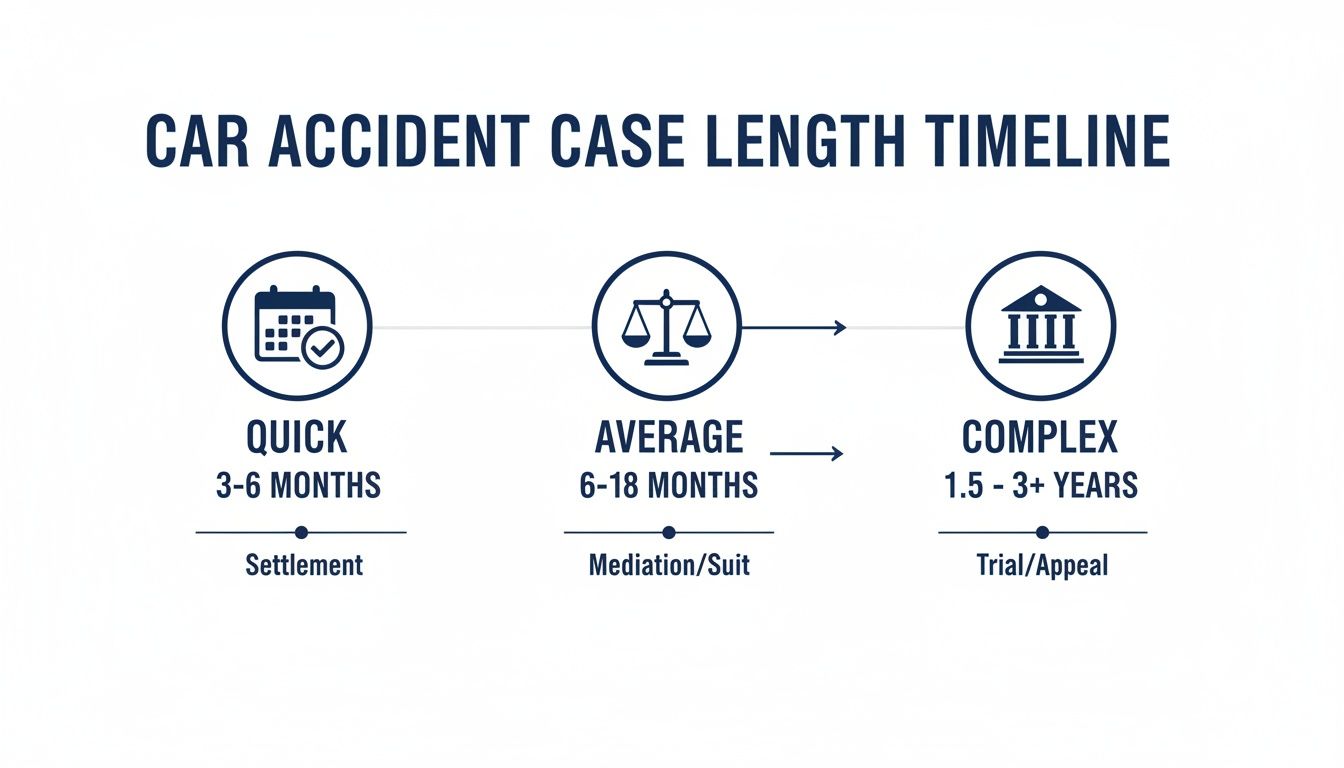 A car accident case length timeline showing quick (3-6 months), average (6-18 months), and complex (1.5-3+ years) case durations.