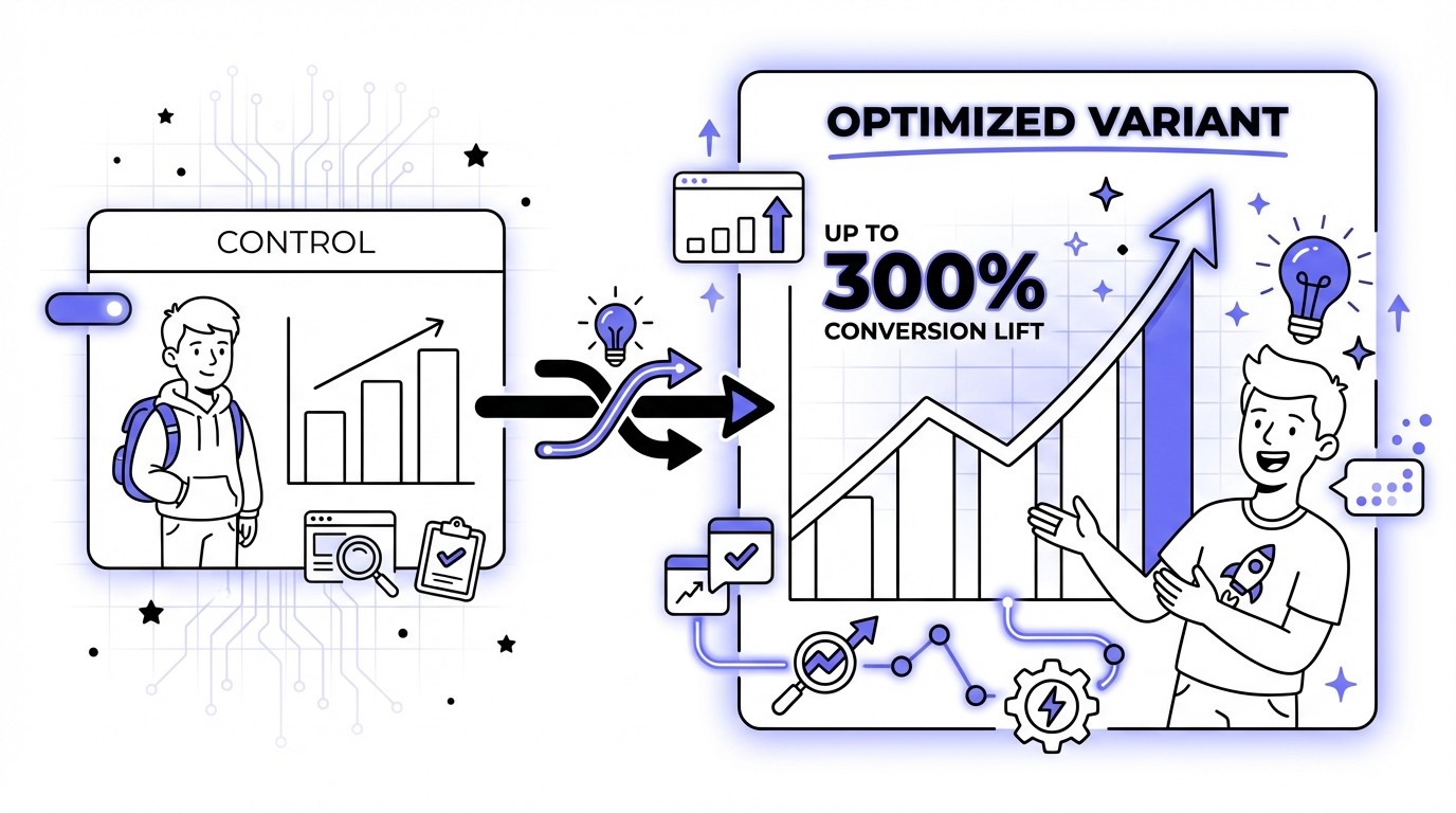 An infographic image illustrating the power of A/B testing. On the left, a 'Control' section shows baseline performance with a moderate graph. On the right, an 'Optimized Variant' section displays a dramatically higher graph with '300% Conversion Increase' prominently displayed, signifying significant growth through data-driven optimization.
