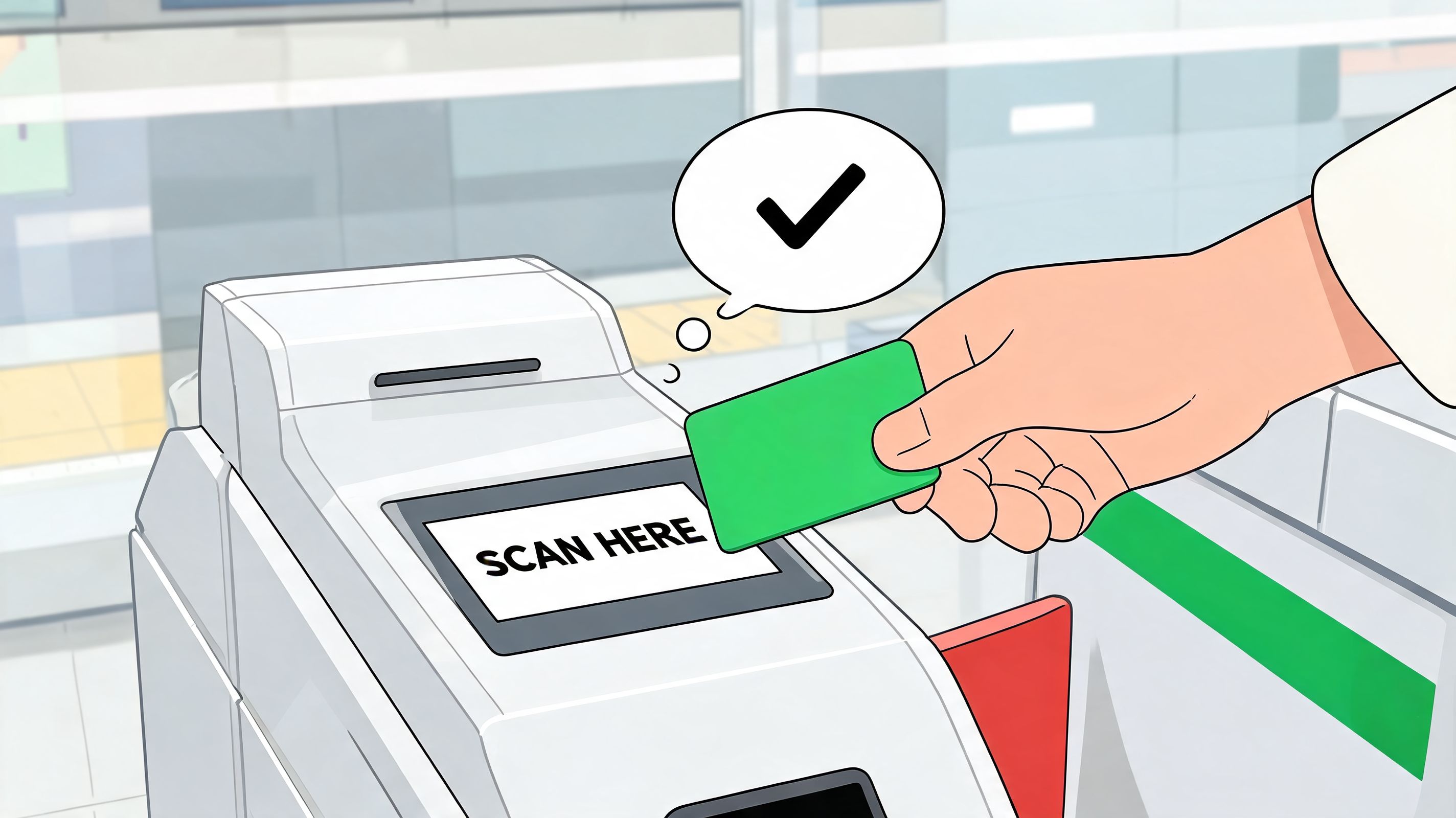 A hand scanning a green smart card on a ticket gate reader at a transit station.