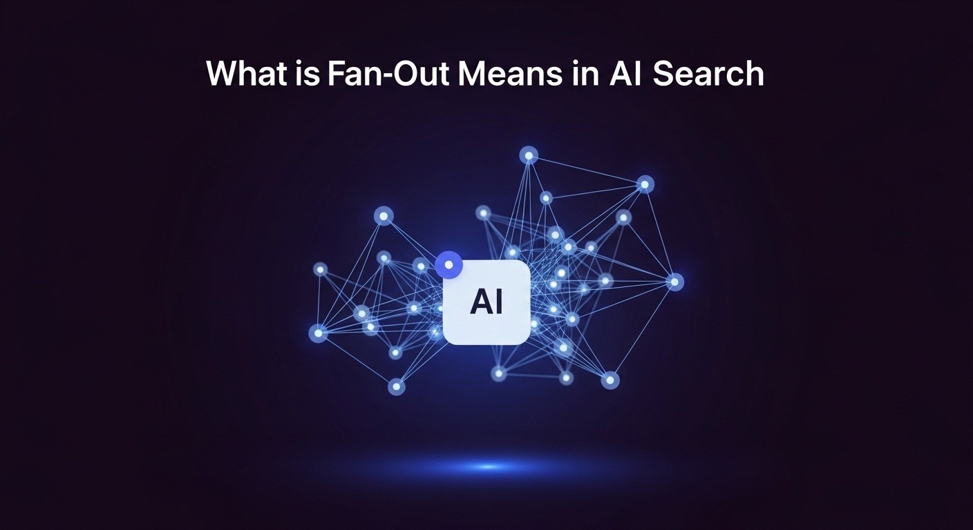 What fan-out means in AI search visualized with neural network nodes and central AI system