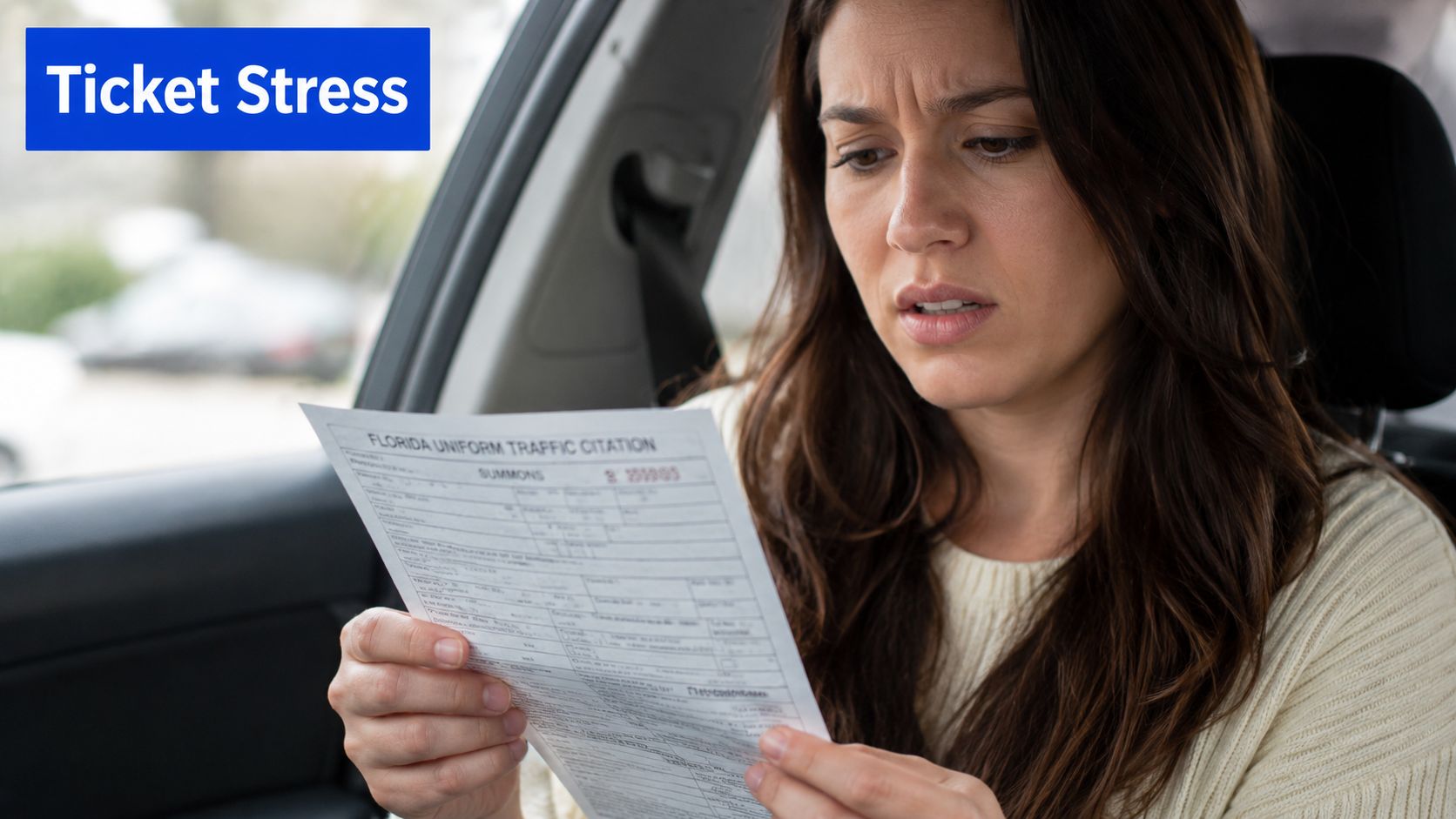 A distressed young woman sits inside a car looking anxiously at a Florida Uniform Traffic Citation document.