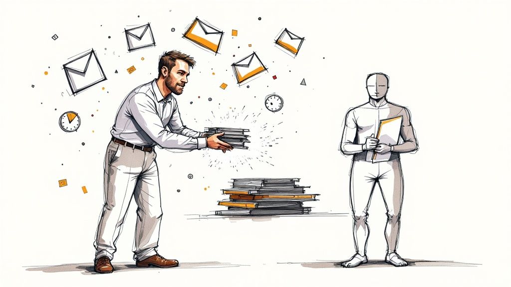 A person at a desk looking overwhelmed by paperwork, symbolizing the founder's struggle.