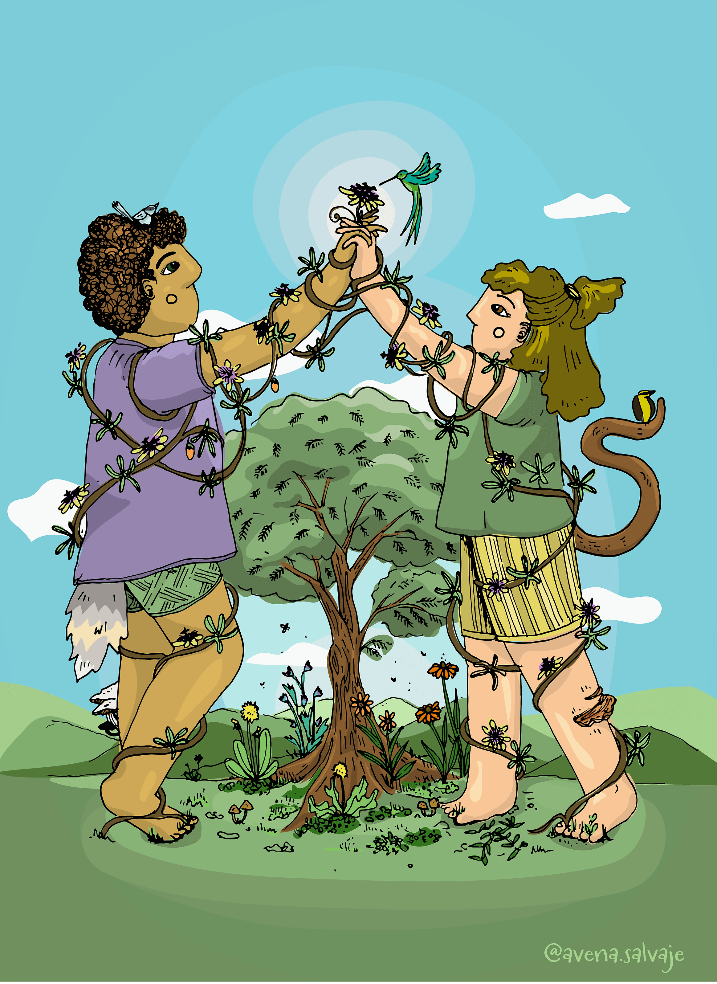 Ilustracion de un rio donde crecen plantas y un pajaro se posa sobre una piedra