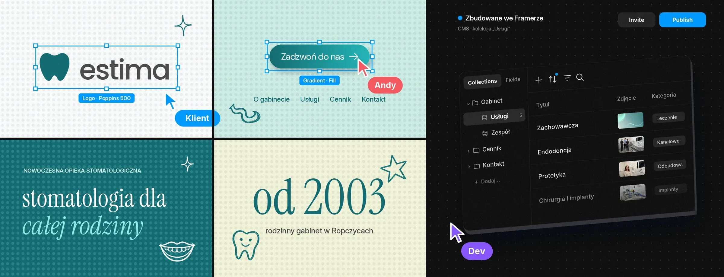 Detale strony estima: logo z zaznaczeniem we Framerze, przycisk Zadzwoń do nas z gradientem, nagłówek w Instrument Serif, od 2003 oraz kolekcja Usługi w CMS Framera