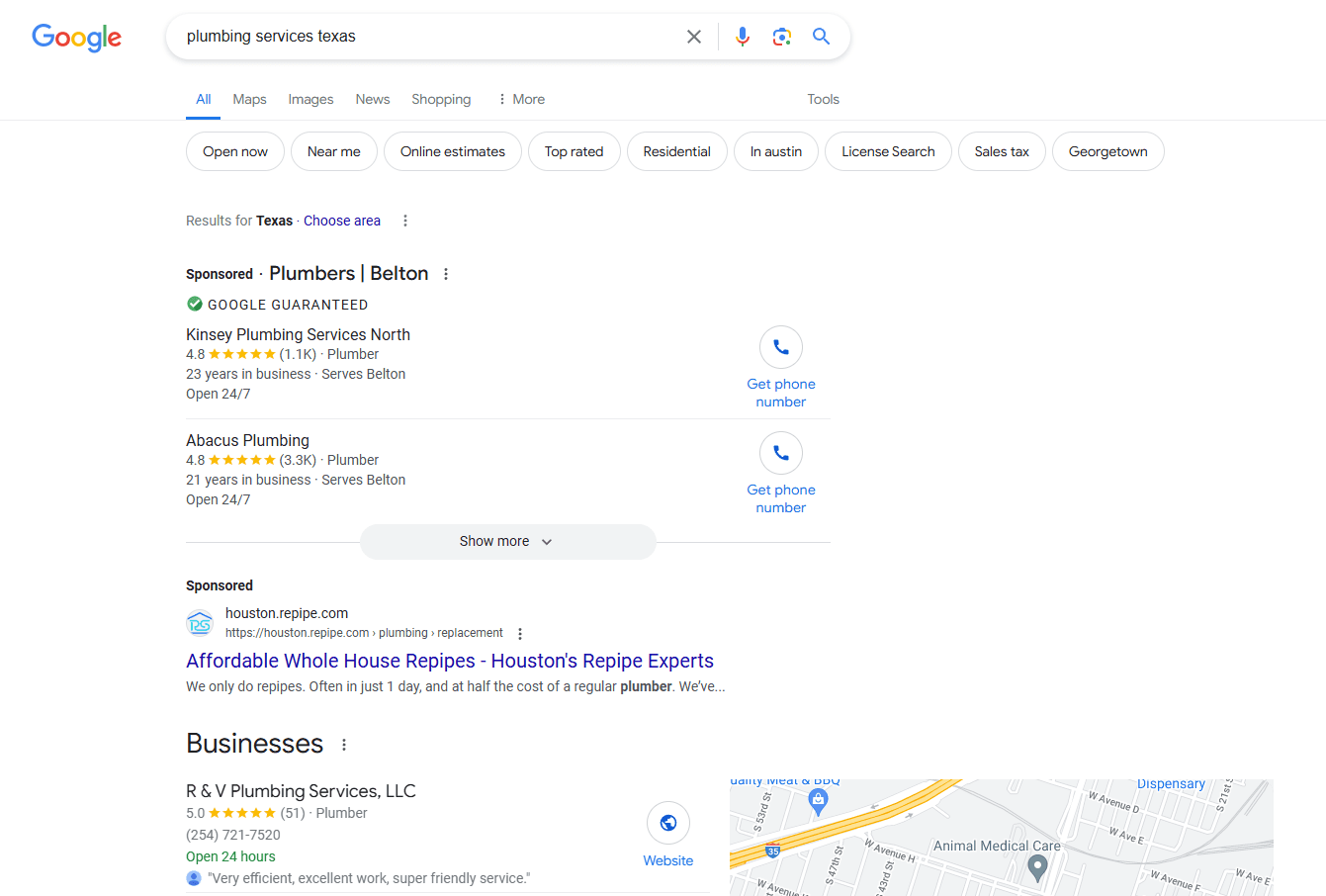 Google search ads on plumbing services in Texas