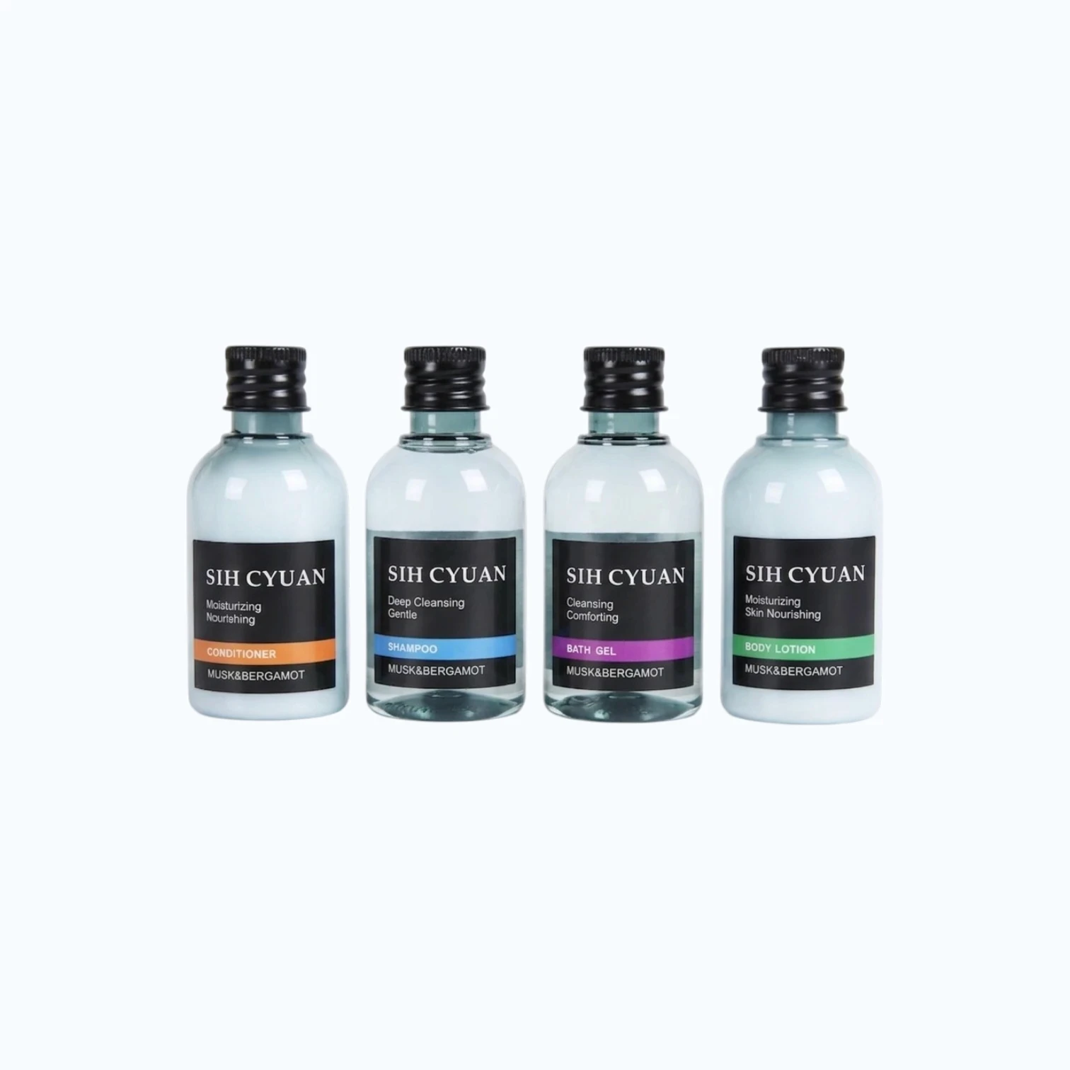 Portable travel toiletries set including hand wash and dish soap in a transparent carry bag, ideal for retail supermarket shelves and travel essentials section.