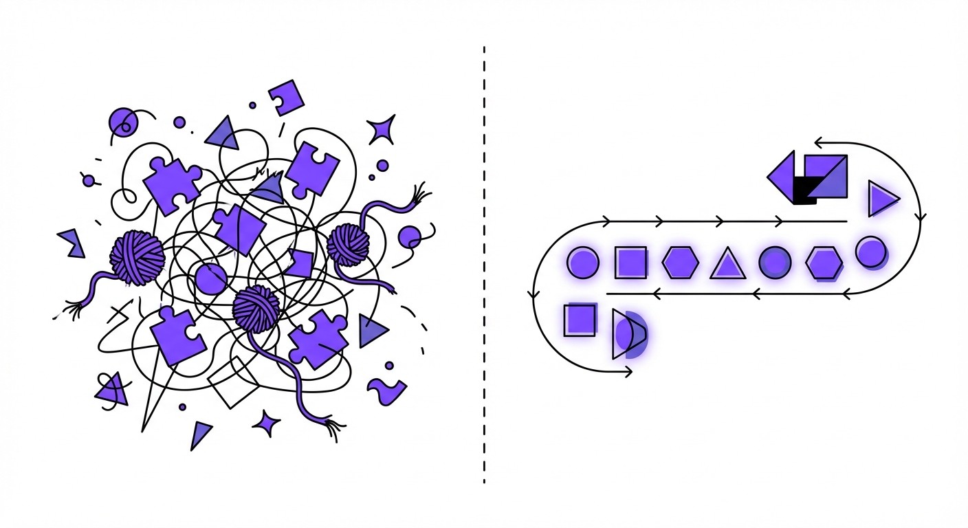 A split-screen diagram showing a tangled, messy knot of puzzle pieces on the left and a neat, orderly line of perfectly fitted shapes on the right, illustrating the transition from manual to AI-assisted hiring.