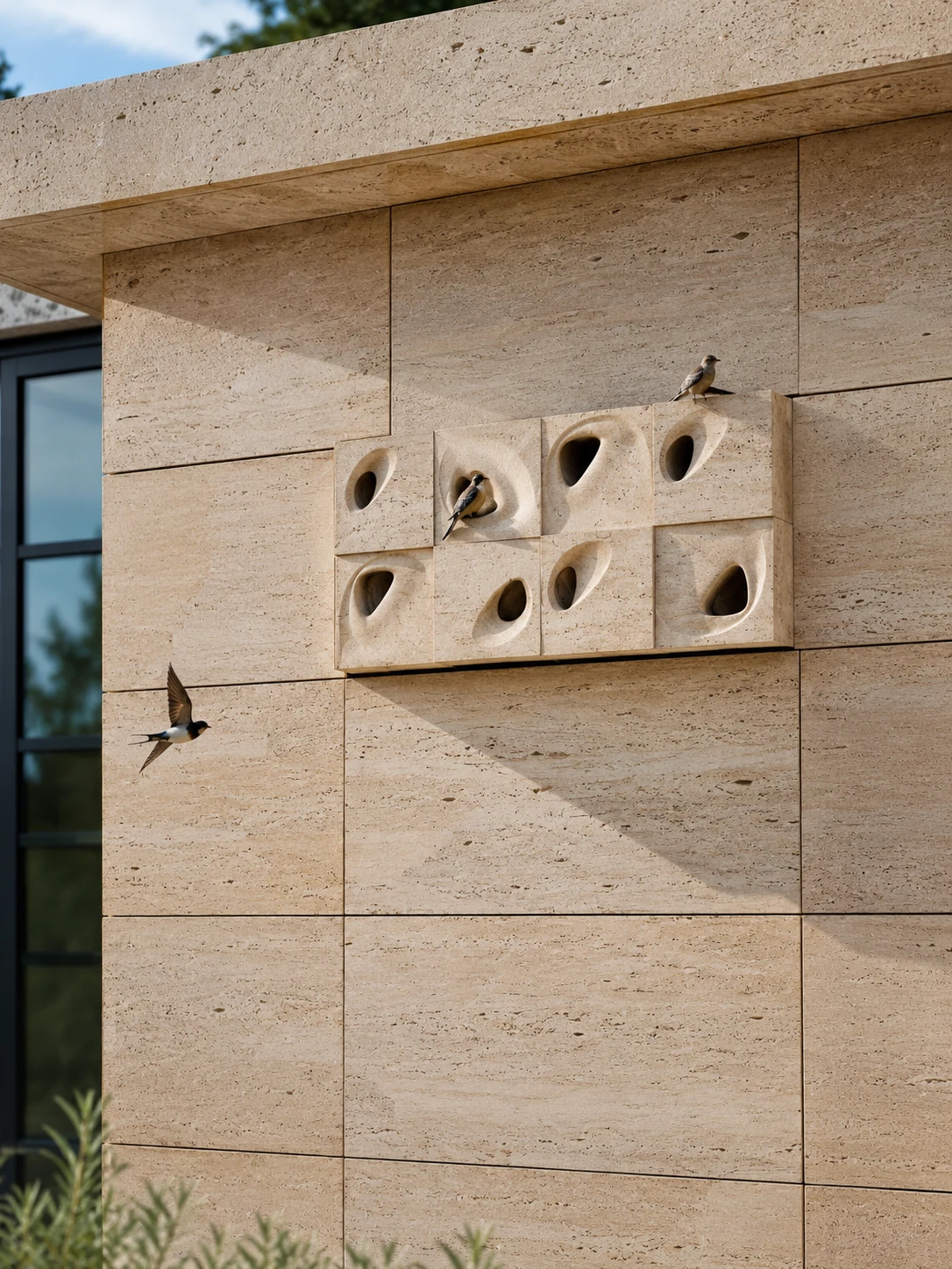 Sculptural natural stone birdhouse integrated into a façade, with carved openings that provide nesting spaces for urban birds.
