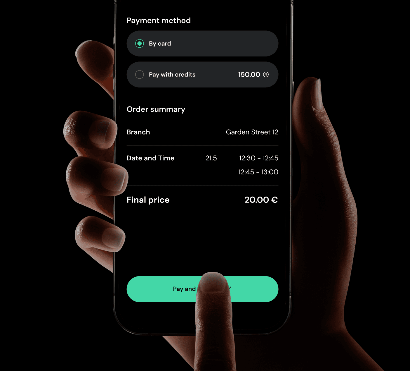 Hand holding phone with Revulio payment screen showing order summary, branch, date, and final price before checkout
