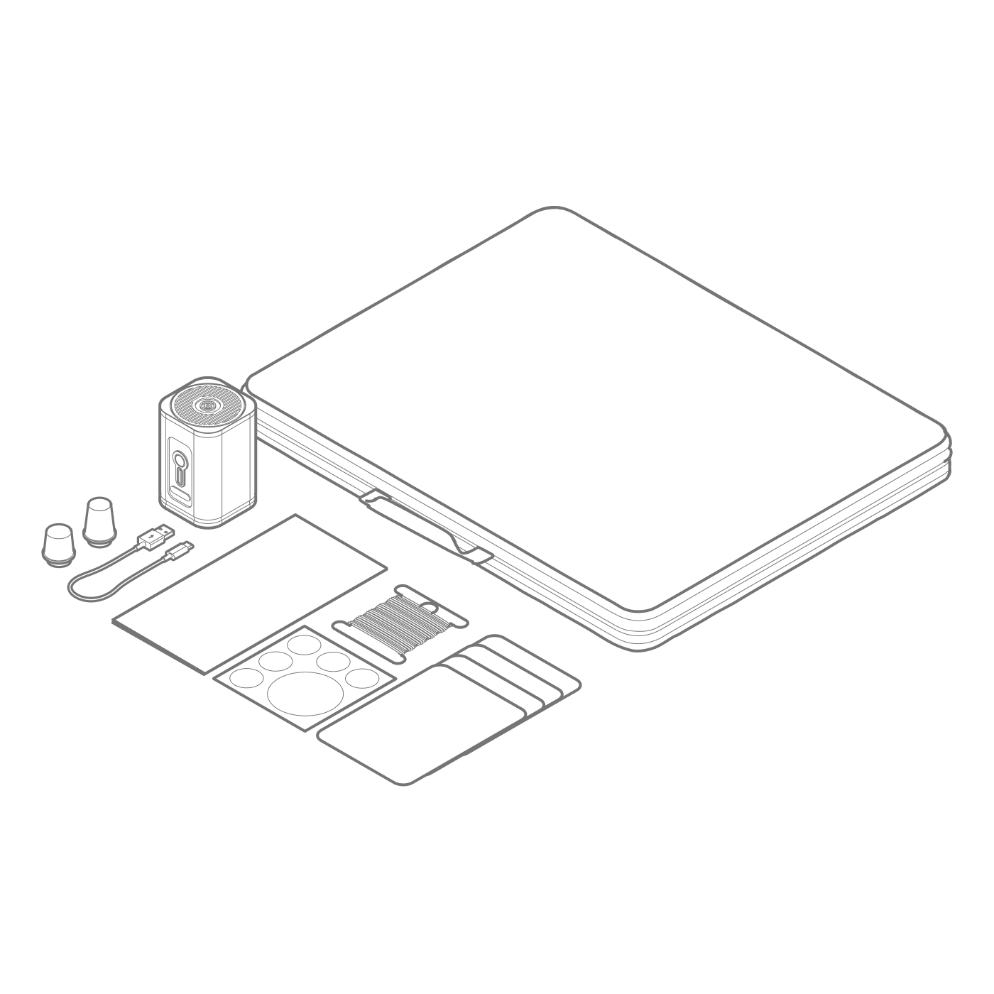 Flat lay illustration of luxury pool float kit — includes inflatable core, upholstery cover, air pump, charger, repair patches, and accessories for effortless setup.