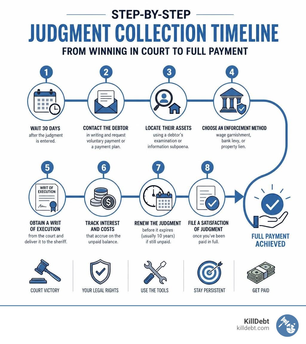 Step-by-step judgment collection timeline from winning in court to full payment infographic