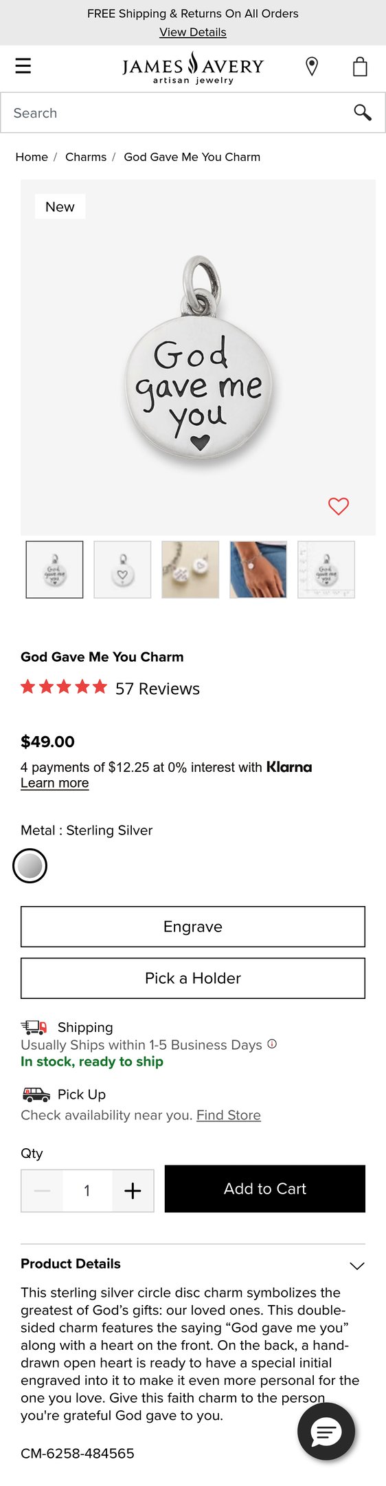 Jewelry product options include: pendant for Buy God Gave Me You Charm for USD 49.00 | James Avery from James Savery.