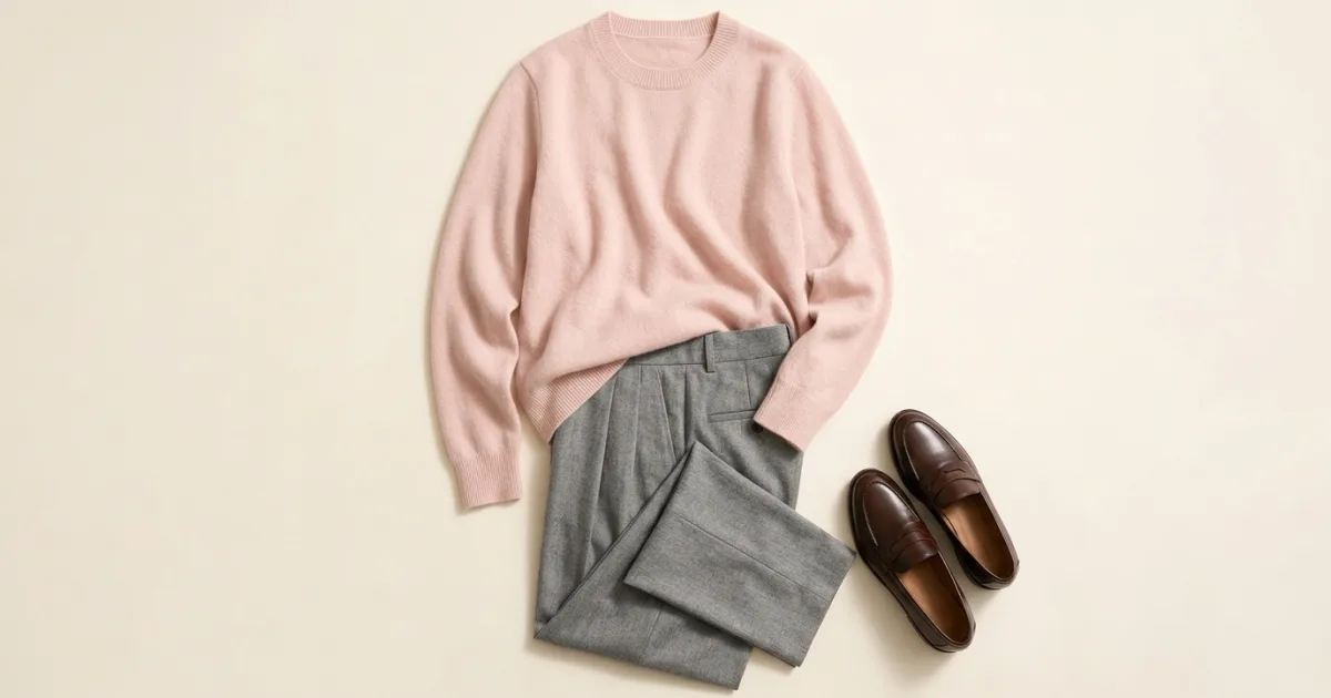 Blush pink jumper shown with grey pleated trousers and chocolate brown leather loafers