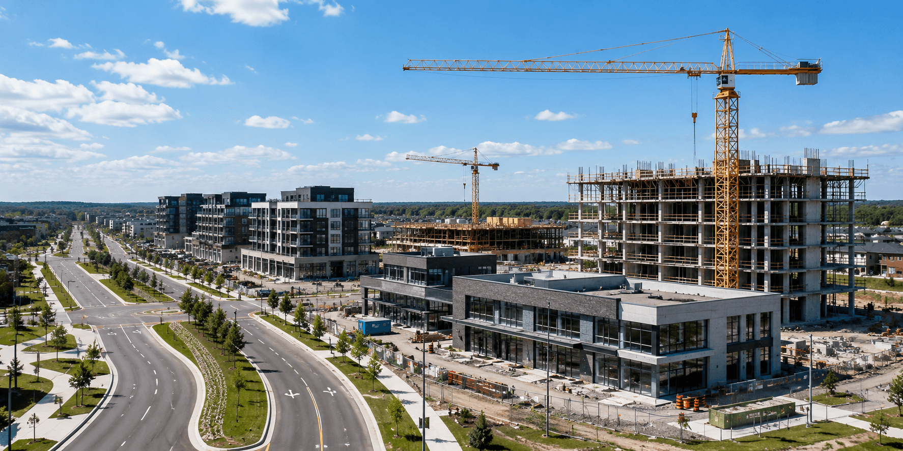 New commercial and mixed-use development under construction in Ontario with modern buildings, tower cranes, and newly built roads.