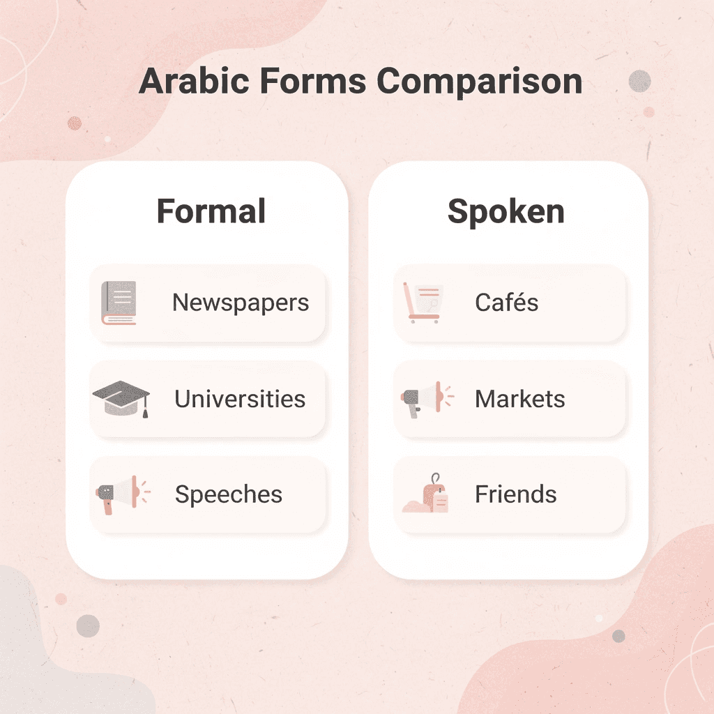 Comparison chart showing formal vs spoken Arabic contexts